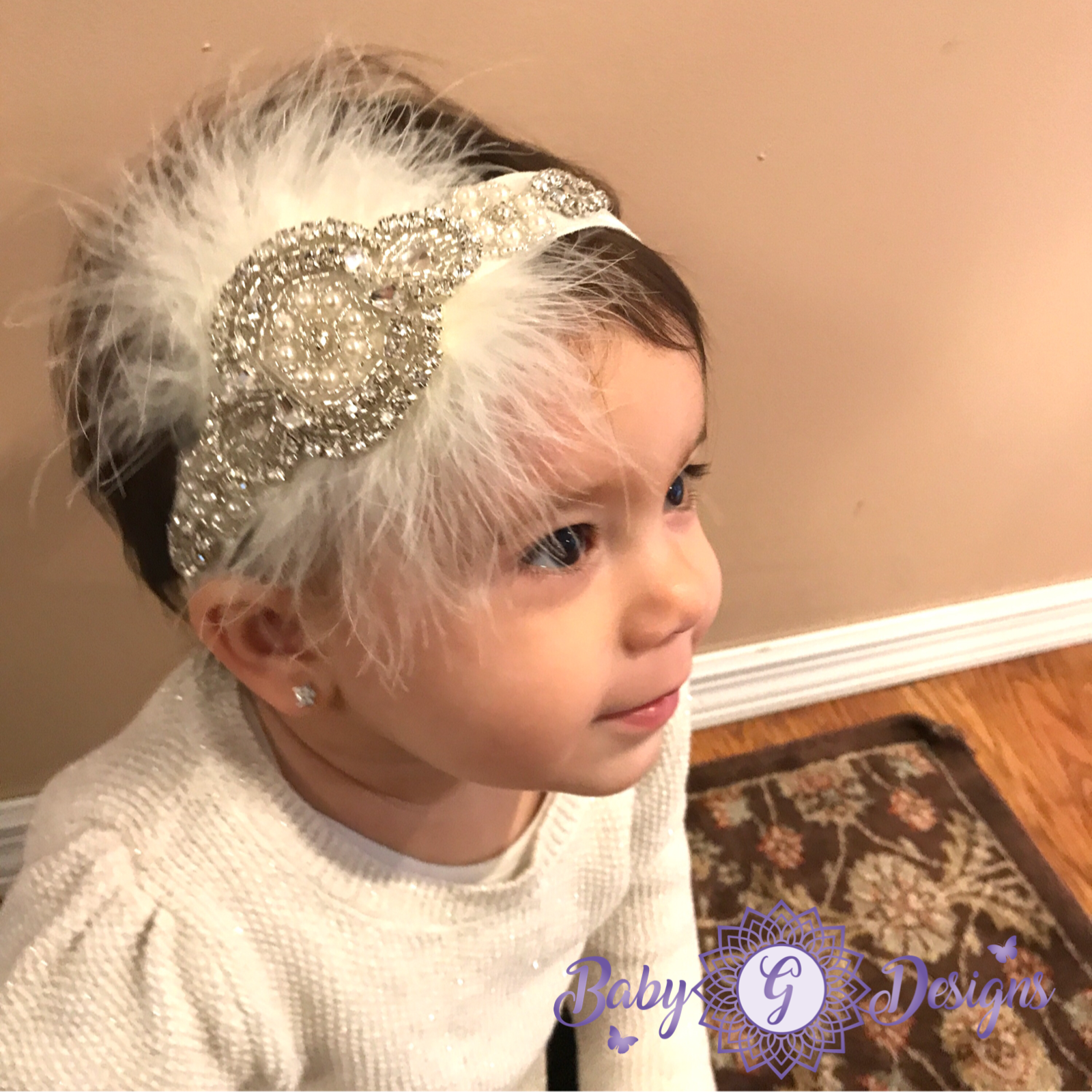 Feather and crystal headband ivory
