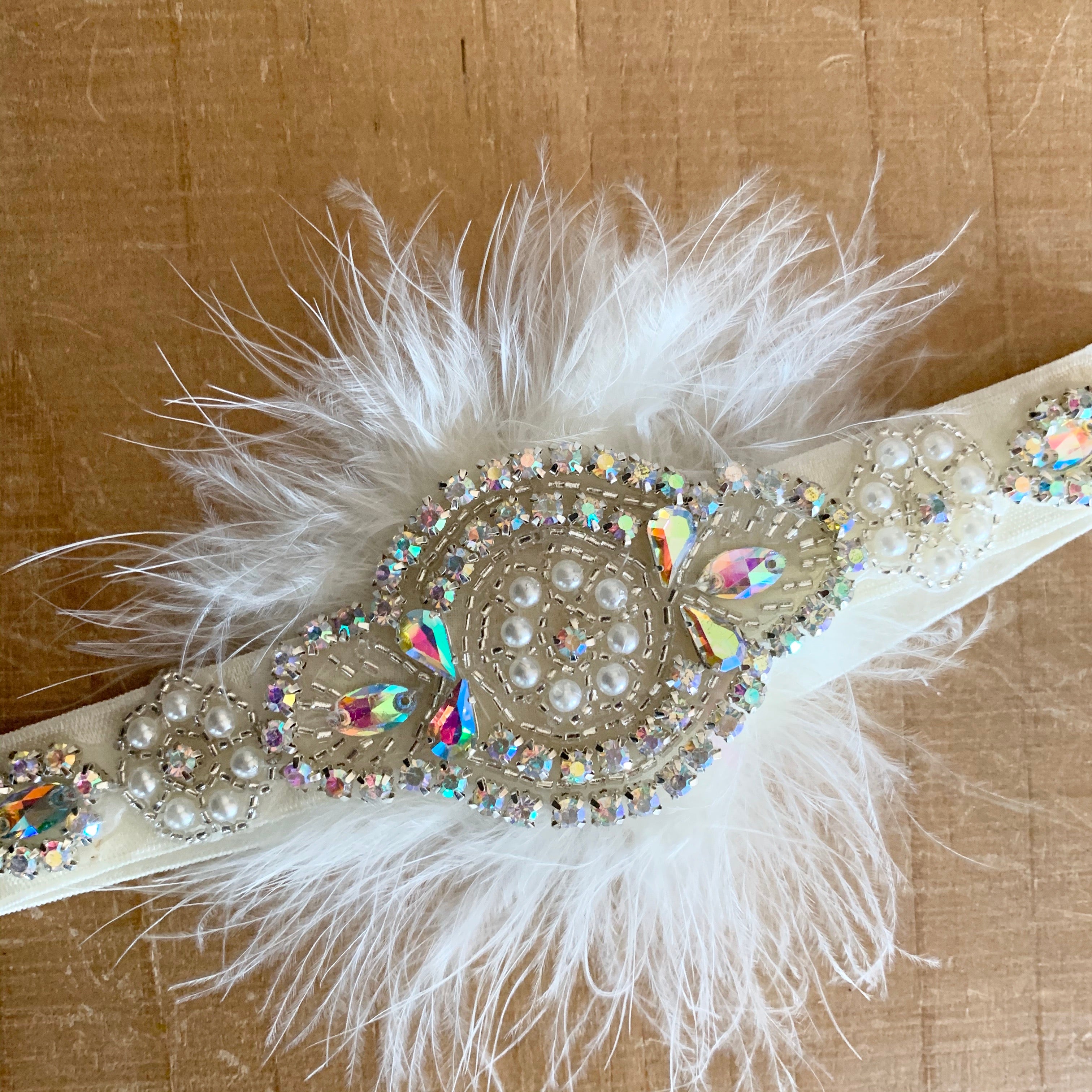 Feather and crystal headband ivory